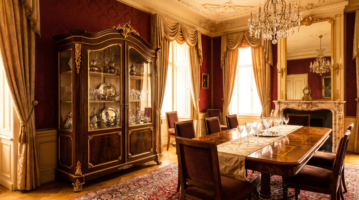Vitrine à côté de la table à manger : couverts et verres à portée de main