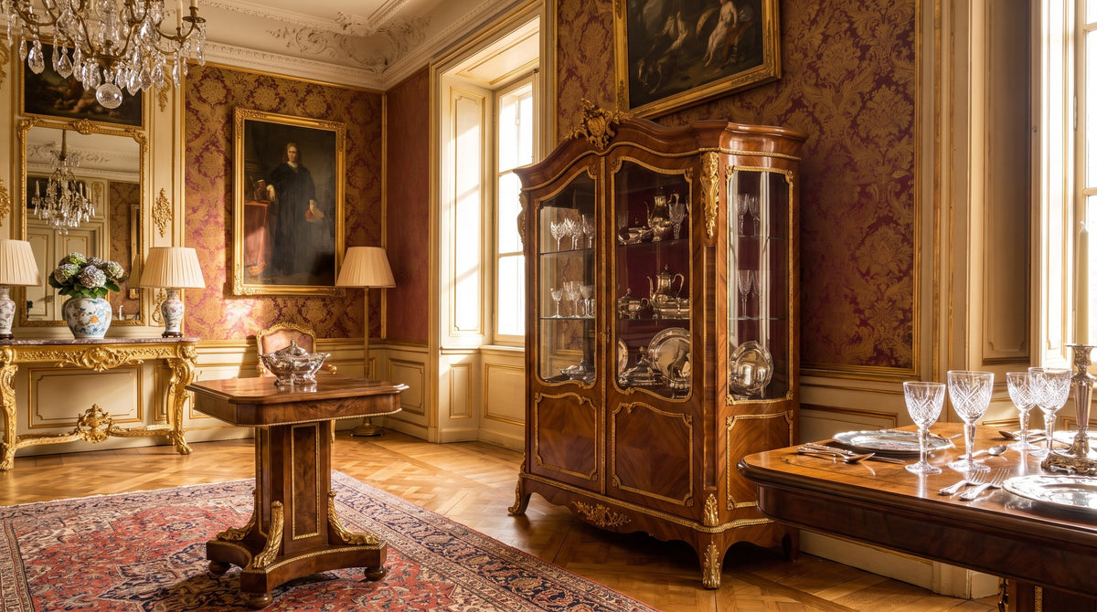 Vitrine à côté de la table à manger : couverts et verres à portée de main