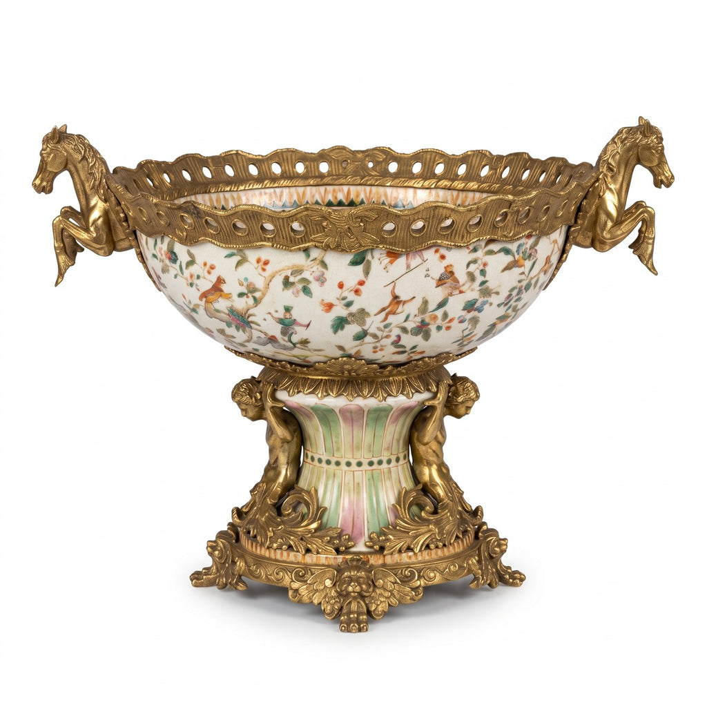 Casa Padrino Jugendstil Porzellan Schüssel Mehrfarbig / Messing 63 x 38 x H. 41 cm - Prunkvolle Porzellan Schale - Barock & Jugendstil Deko Accessoires (KI Studio)