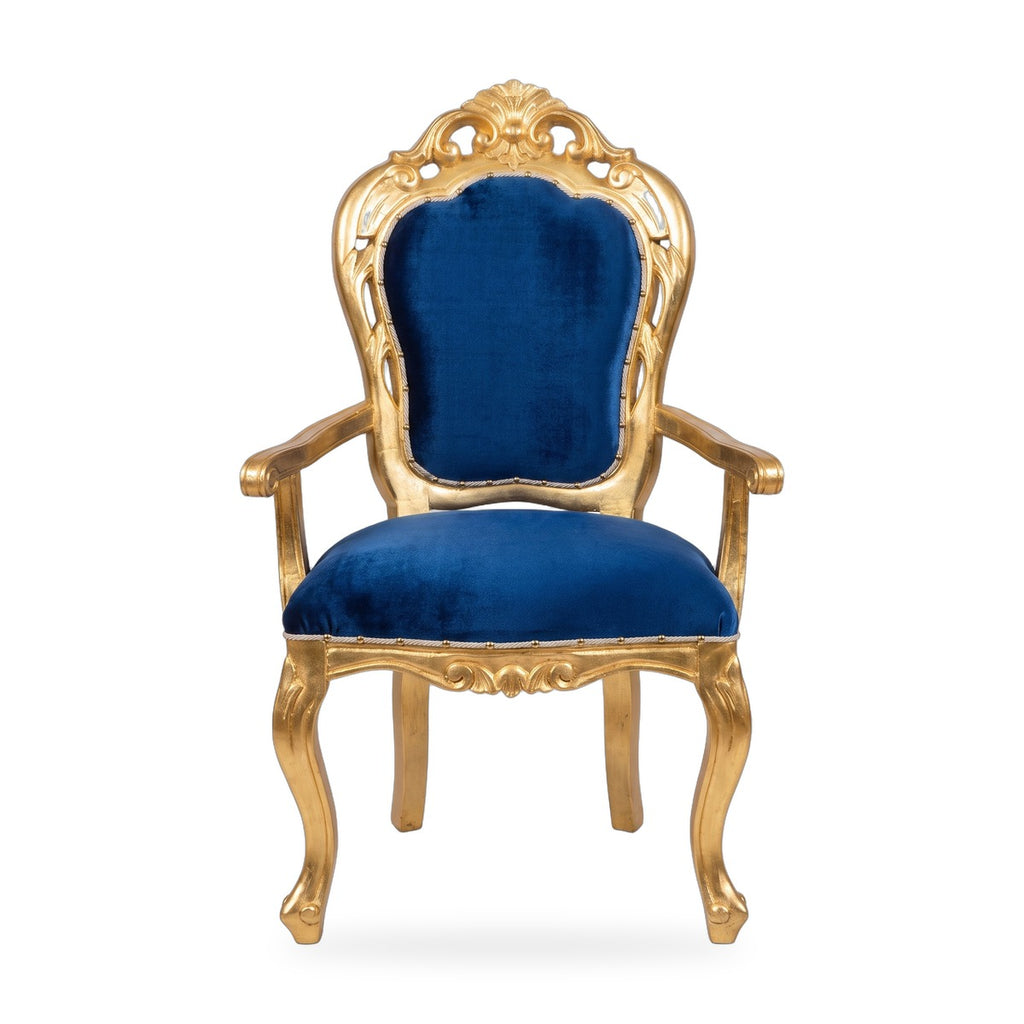 Casa Padrino Luxus Barock Esszimmer Stuhl Royalblau / Gold - Handgefertigter Barockstil Stuhl mit Armlehnen und edlem Samtstoff - Esszimmer Möbel im Barockstil (KI Studio)