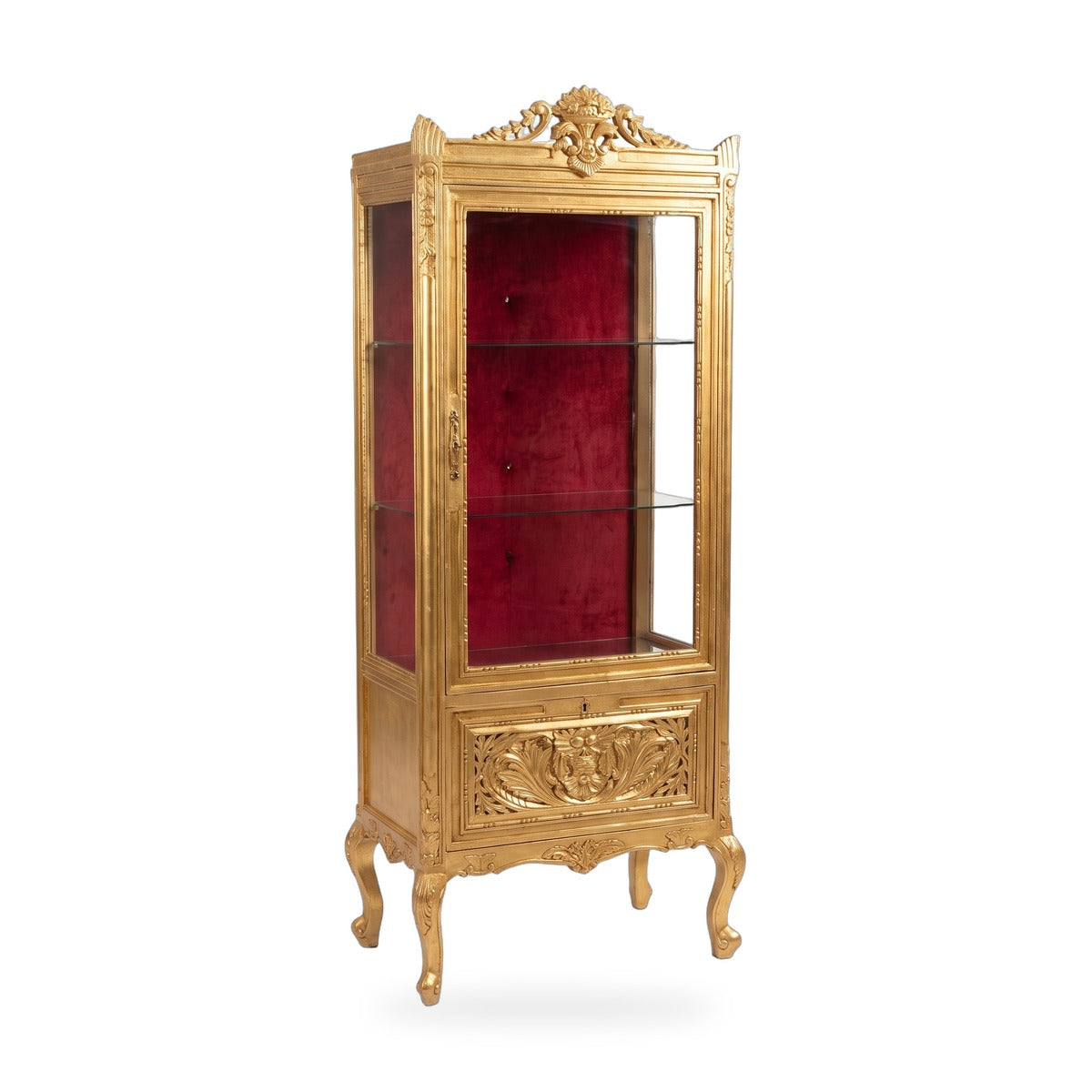 Casa Padrino Barock Vitrine Gold / Bordeauxrot - Handgefertigter Massivholz Antik Stil Vitrinenschrank mit Glastür und Schublade - Antik Stil Möbel - Barock Möbel - Wohnzimmer Möbel im Barockstil (KI Studio)