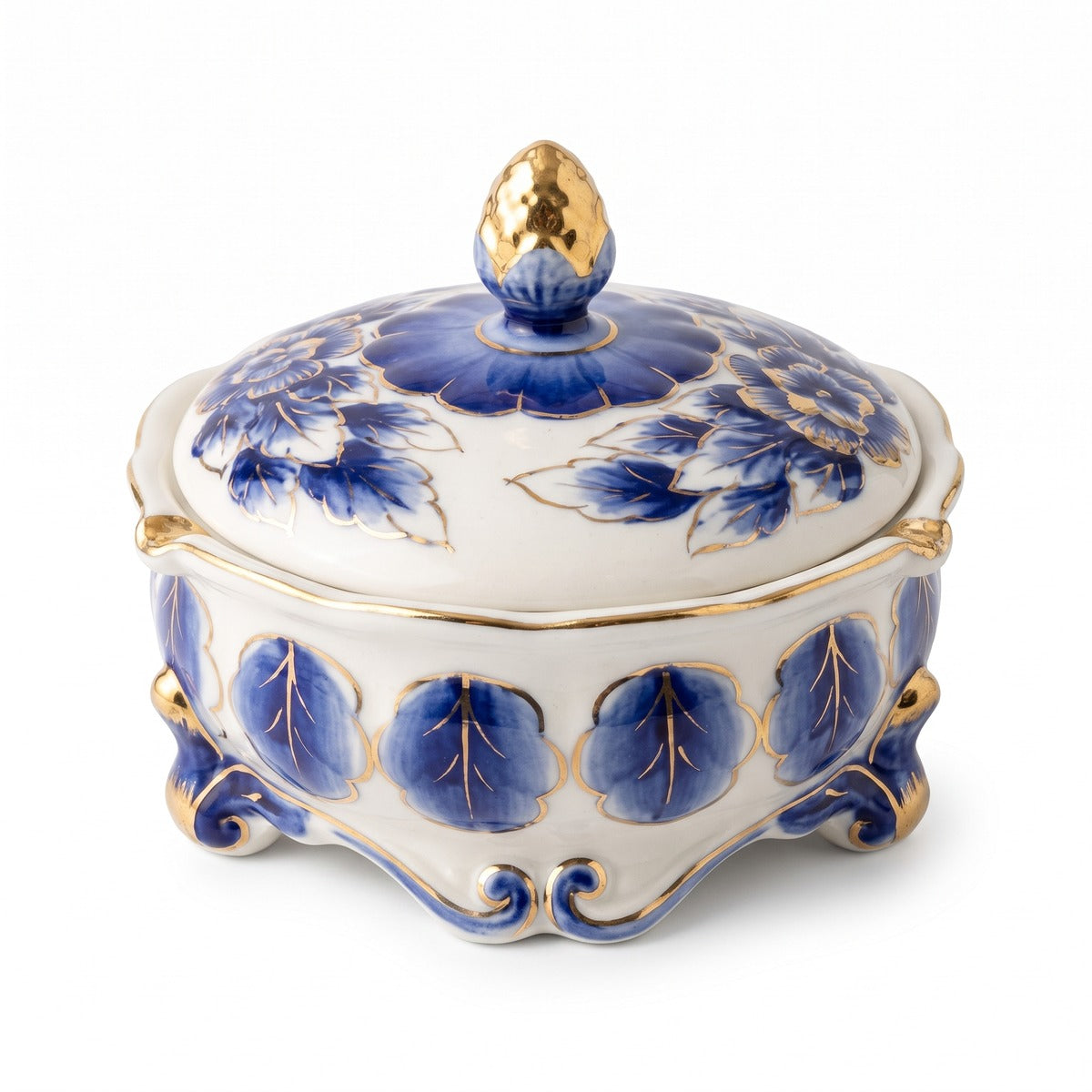 Casa Padrino Porzellan Deckeldose Blau / Weiss / Gold - Dekorative Schmuckdose im Barockstil (KI Studio)