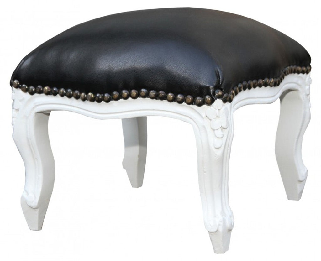 Casa Padrino Barock Fußhocker Schwarz Lederoptik / Weiß - Antik Stil Möbel - Hocker