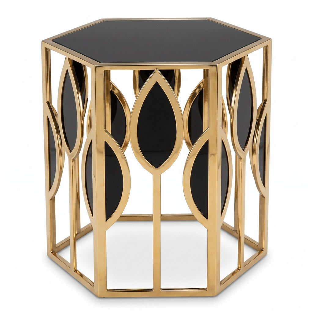 Casa Padrino Luxus Beistelltisch Gold / Schwarz - Edler Designer Tisch aus Edelstahl und Glas - 54 x 46,5 x 65,5 cm (KI Studio)