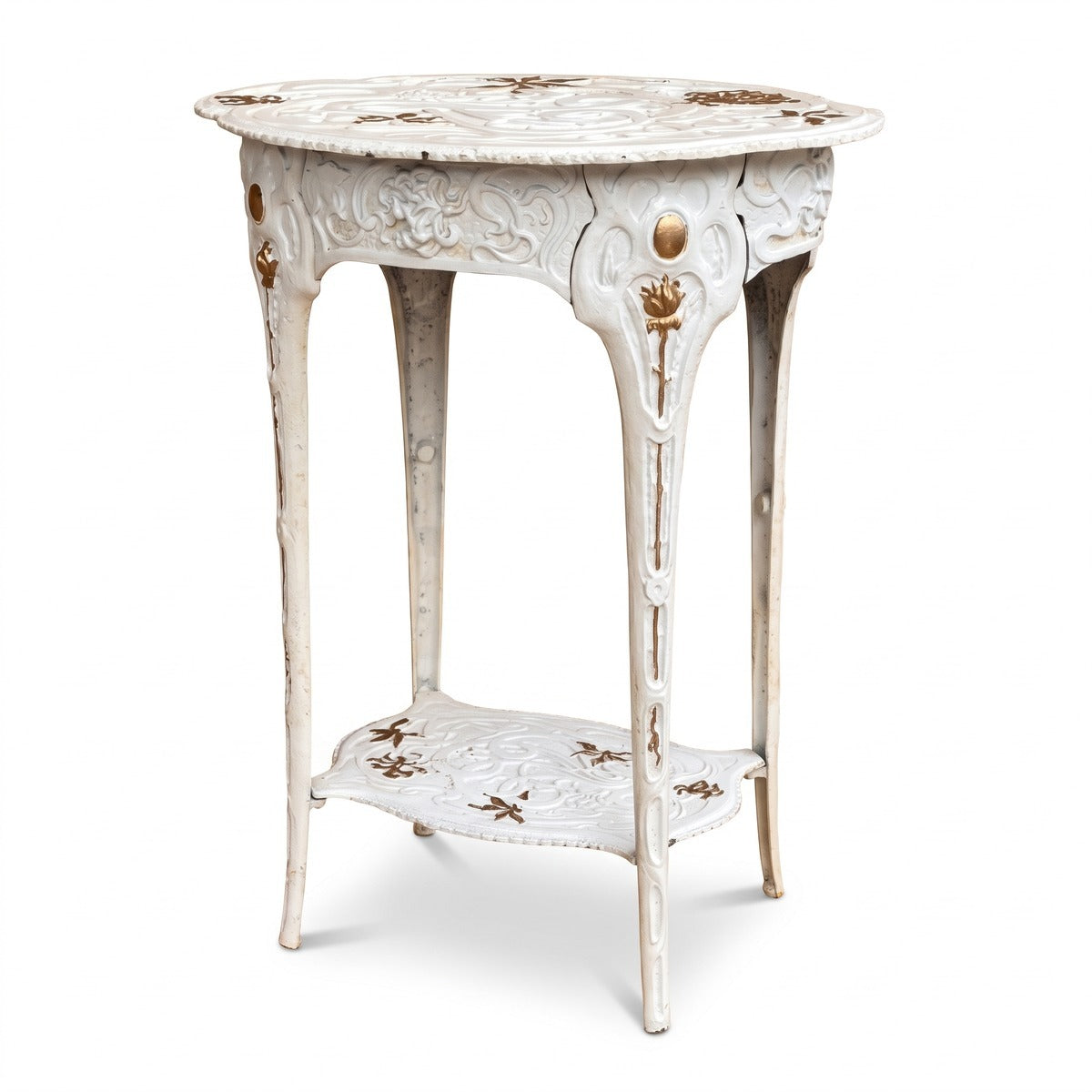 Casa Padrino Jugendstil Garten Deko Beistelltisch Weiß / Gold 46,6 x 36 x H. 60,4 cm - Nostalgischer Gusseisen Blumentisch - Barock & Jugendstil Garten Möbel (KI Garten 21_02)
