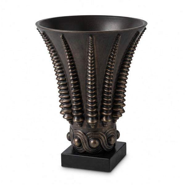 Casa Padrino jarrón decorativo de lujo bronce / negro Ø 22 x A. 28 cm - Florero redondo de latón con base de granito - Calidad de Lujo