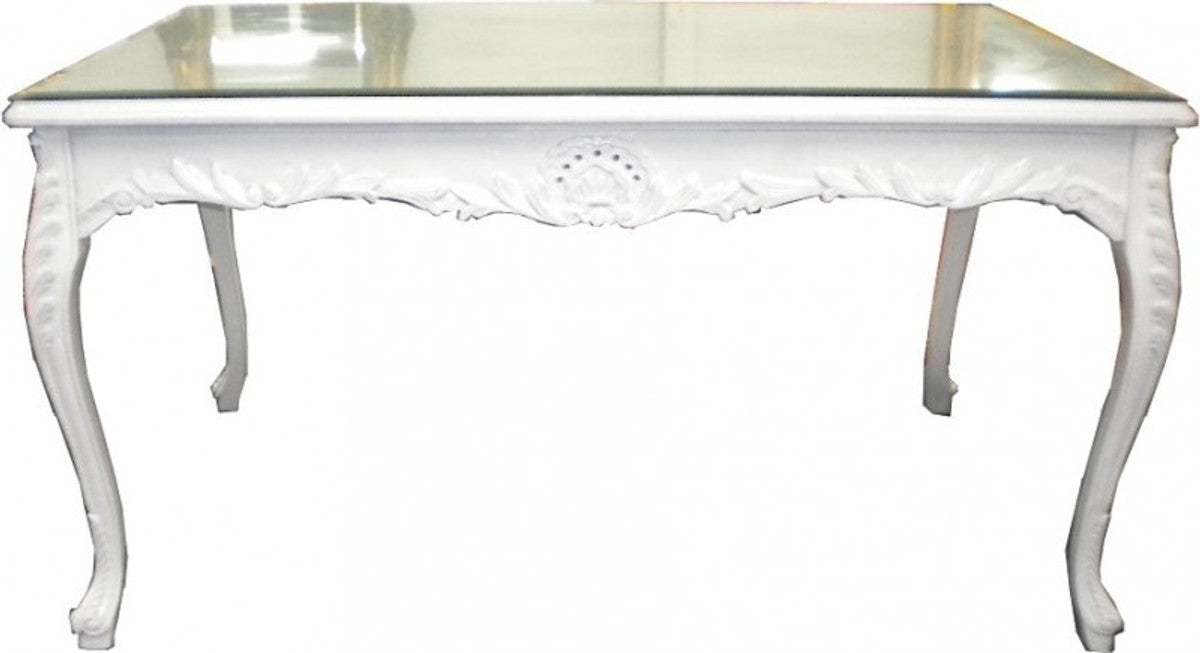 Casa Padrino Barock Esstisch Weiss 180 cm - Massivholz Esszimmertisch im Antik Stil mit Glasplatte