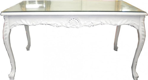 Casa Padrino Barock Esstisch Weiss 180 cm - Massivholz Esszimmertisch im Antik Stil mit Glasplatte