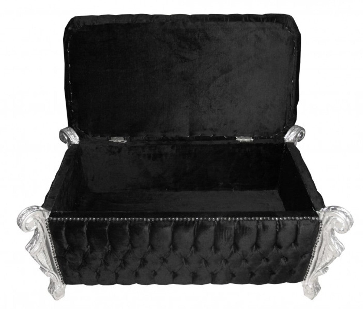 Casa Padrino Barock Sitzbank Truhe im Antik Stil Schwarz Silber mit Glitzersteinen 105 x 55 x 55 cm