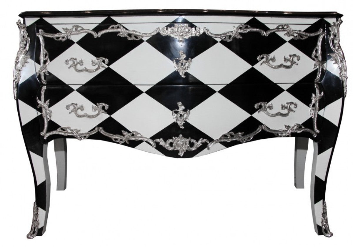 Casa Padrino Barock Kommode Karo Design Silber Applikationen 130 x 63 x 84 cm