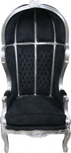 Casa Padrino Barock Thron Sessel Victory Schwarz / Silber - Massivholz Samt - 177 x 83 x 66 cm