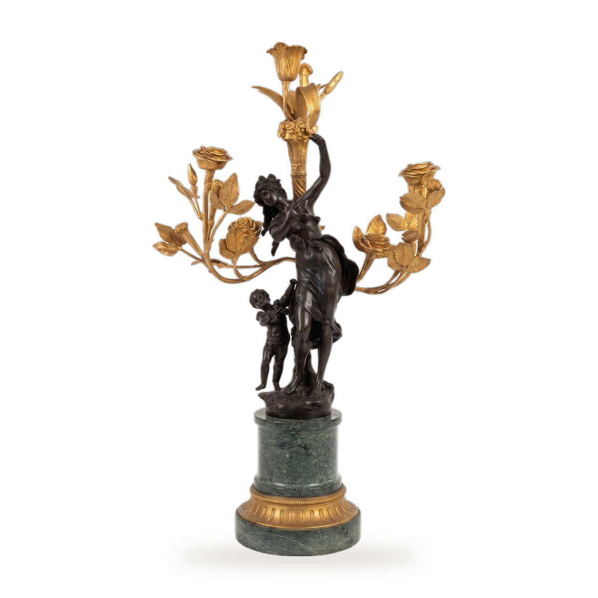Casa Padrino Barock Bronze Kandelaber mit Putten und vergoldeten Blütenarmen auf grünem Marmorsockel (KI Weiss) 1
