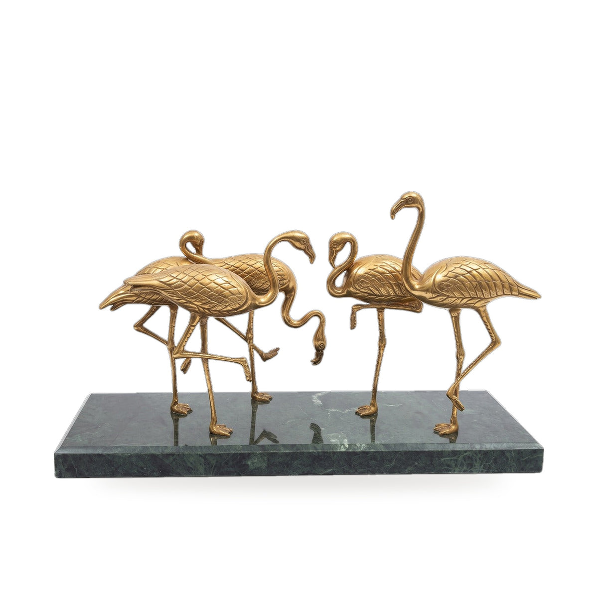Casa Padrino Luxus Messing Skulptur Flamingo Gruppe auf grüner Marmorplatte (KI Weiss) 1