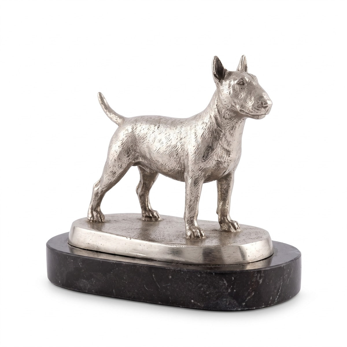 Casa Padrino Luxus Deko Bronzefigur Bullterrier Hund Silber / Schwarz 19 x 10 x H. 15 cm - Bronze Skulptur mit Marmorsockel - Dekofigur - Deko Accessoires (KI Studio)