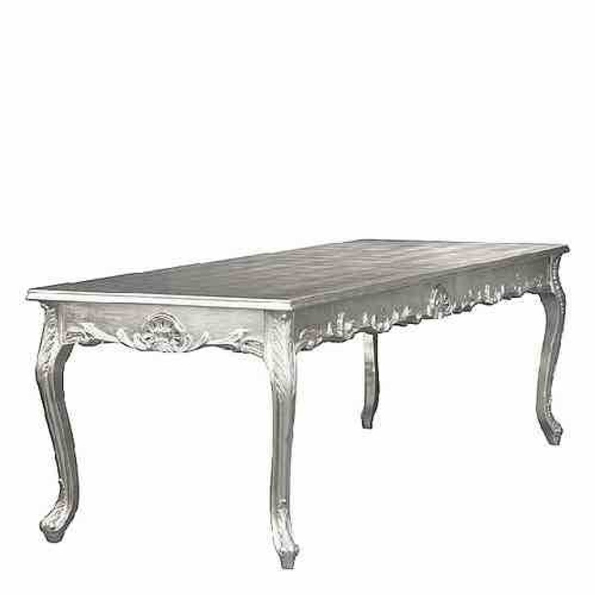 Casa Padrino Barock Esstisch, prunkvoller Esszimmertisch in Silber, Massivholz mit Glasplatte, 180 x 88 x 84 cm