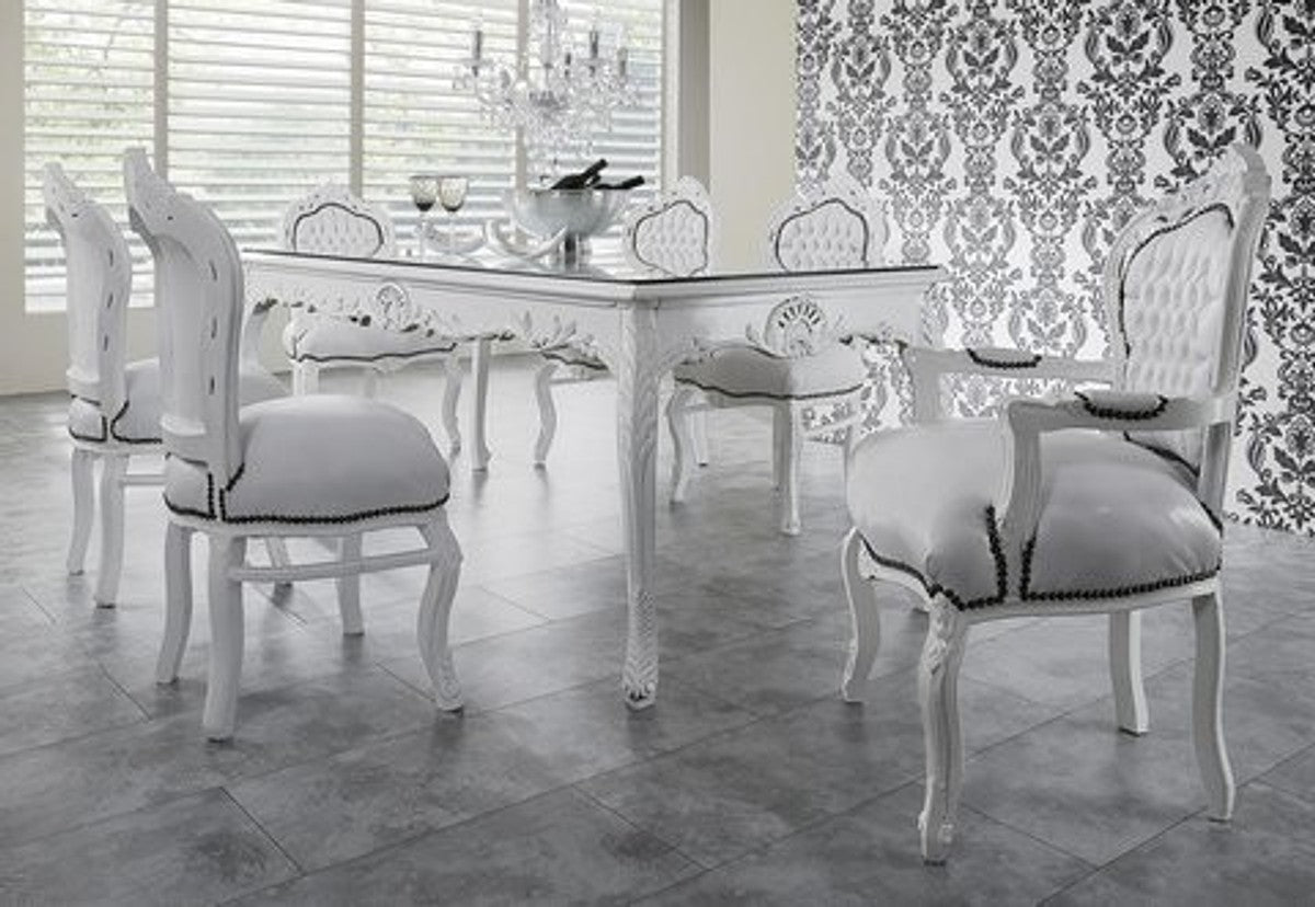 Casa Padrino Barock Esszimmer Set Weiß / Weiß - Esstisch 180cm + 6 Stühle