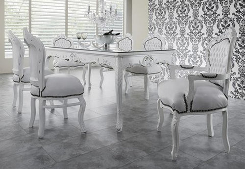 Casa Padrino Barock Esszimmer Set Weiß / Weiß - Esstisch 180cm + 6 Stühle