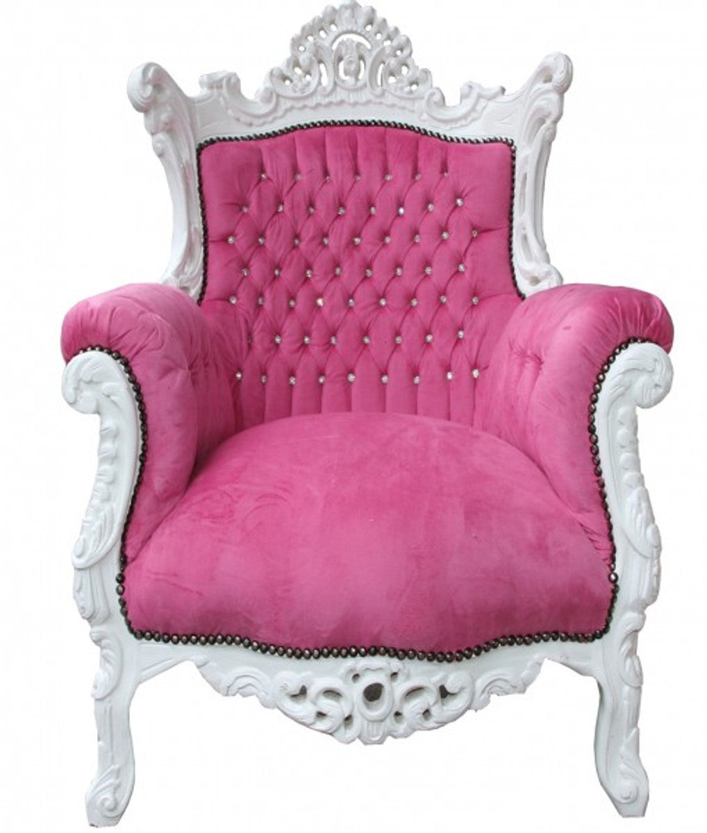 Casa Padrino Barock Sessel Al Capone Pink/Weiß mit Glitzersteinen, 127 x 90 x 80 cm