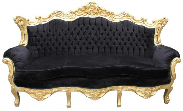 Casa Padrino Divano 3 posti Barocco Master Nero / Oro - Mobile di lusso artigianale in stile antico - 210 x 135 x 90 cm