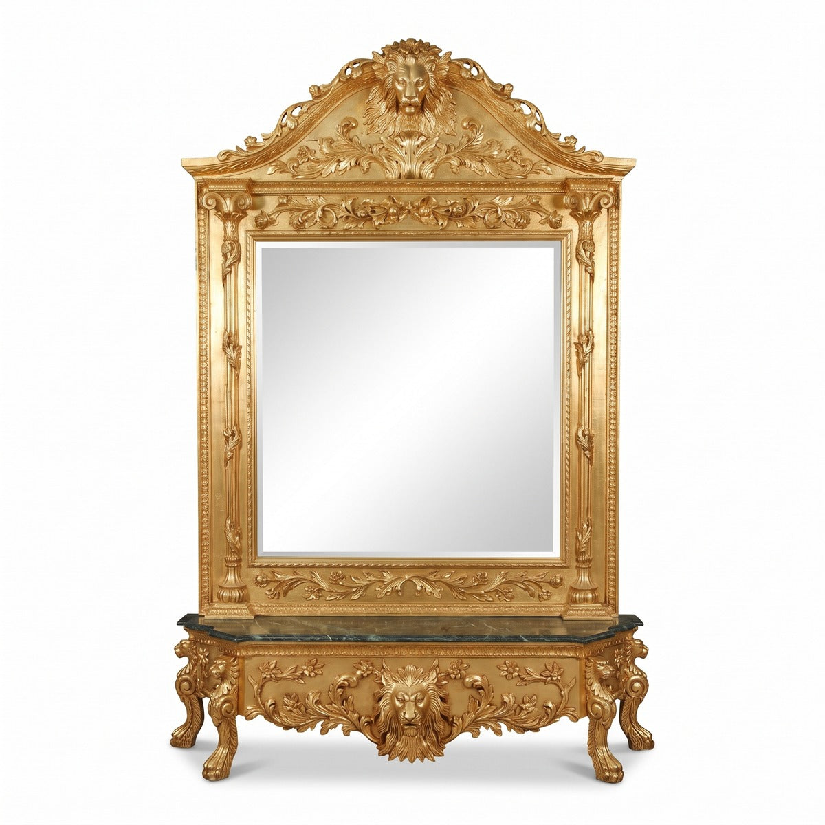 Casa Padrino Luxus Barock Spiegelkonsole Gold Lion, Massivholz Gold mit grünem Marmor, 185 x 45 x 275 cm (KI Studio)