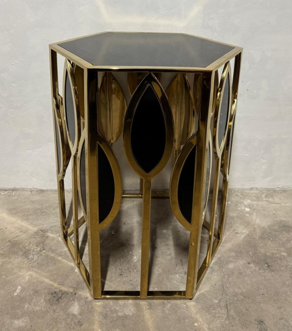 Casa Padrino Luxus Beistelltisch Gold / Schwarz - Edler Designer Tisch aus Edelstahl und Glas - 54 x 46,5 x 65,5 cm