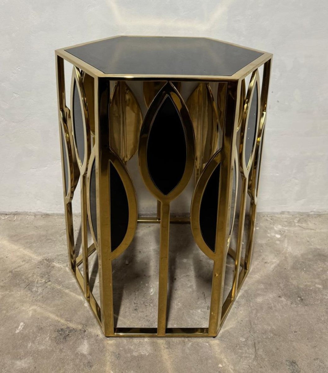 Casa Padrino Luxus Beistelltisch Gold / Schwarz - Edler Designer Tisch aus Edelstahl und Glas - 54 x 46,5 x 65,5 cm