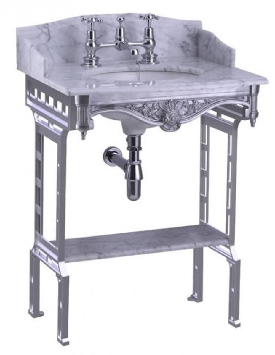 Casa Padrino Luxus Jugendstil Stand Waschtisch Weiß / Aluminium mit Marmorplatte mit Spritzschutz hinten, seitlich und Ablage Barock Waschbecken Barockstil Antik Stil
