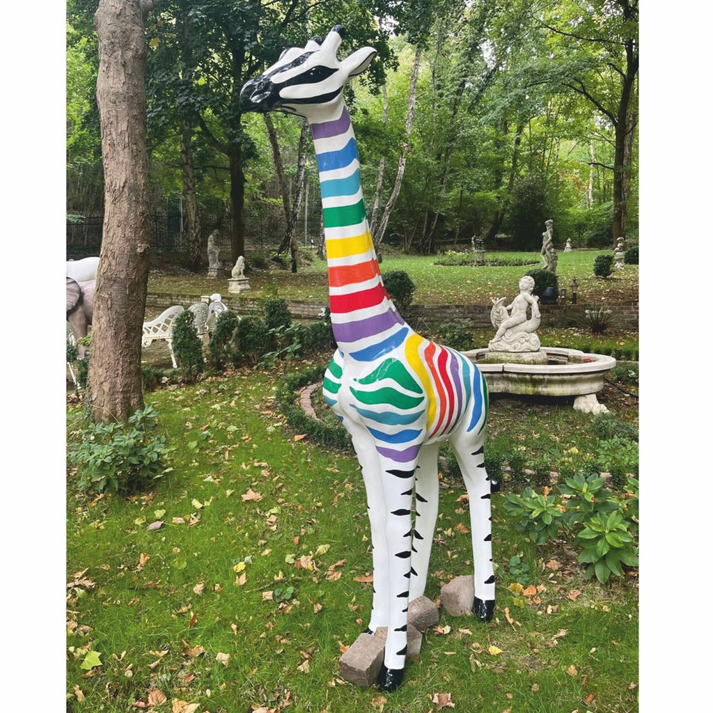 Casa Padrino Garten Deko Skulptur Giraffe Weiß / Bunt H. 205 cm - Garten Deko Figur