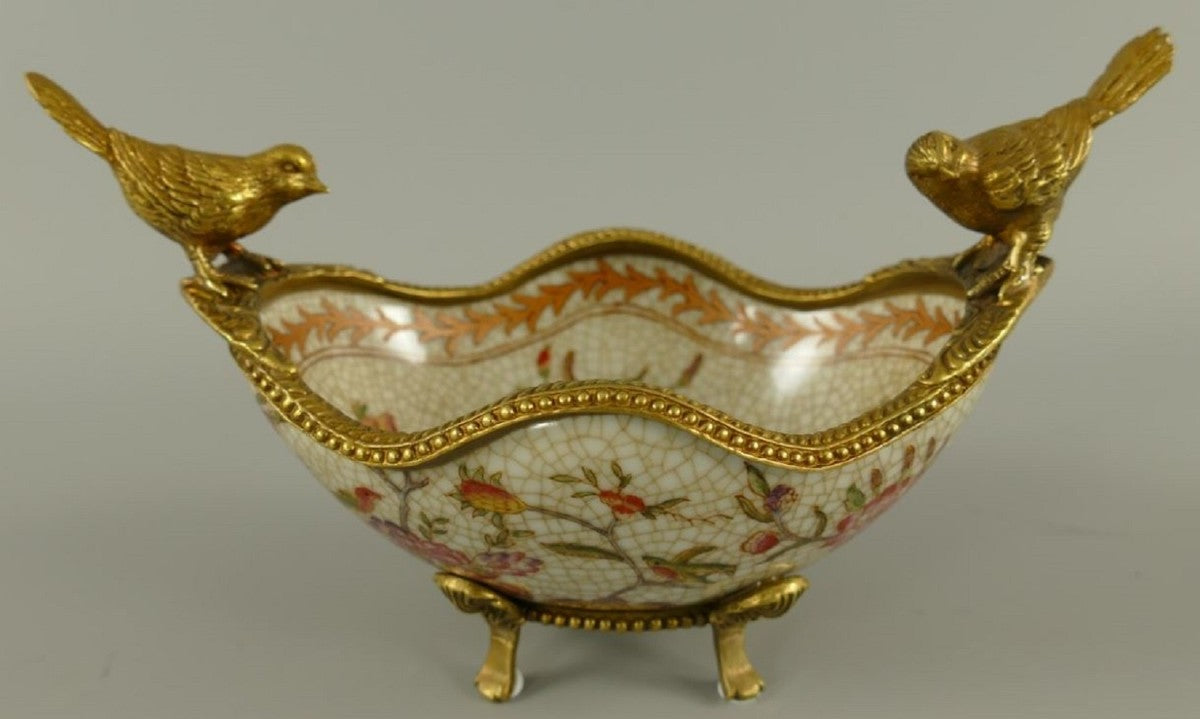 Casa Padrino Jugendstil Porzellan Schüssel Mehrfarbig / Messing 19 x 12 x H. 13 cm - Porzellan Schale mit 2 dekorativen Vögelchen - Barock & Jugendstil Deko Accessoires