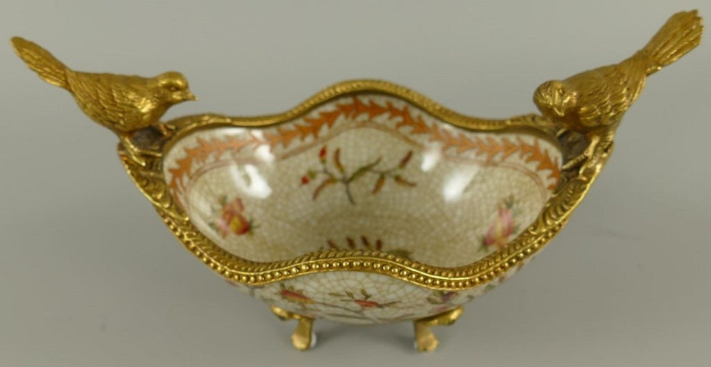 Casa Padrino Jugendstil Porzellan Schüssel Mehrfarbig / Messing 19 x 12 x H. 13 cm - Porzellan Schale mit 2 dekorativen Vögelchen - Barock & Jugendstil Deko Accessoires