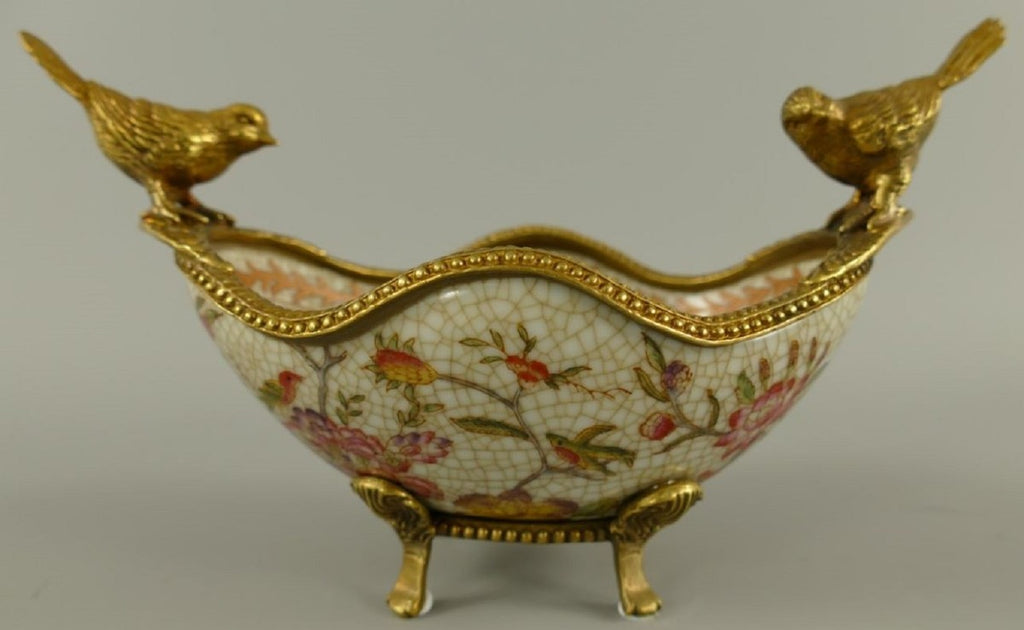 Casa Padrino Jugendstil Porzellan Schüssel Mehrfarbig / Messing 19 x 12 x H. 13 cm - Porzellan Schale mit 2 dekorativen Vögelchen - Barock & Jugendstil Deko Accessoires