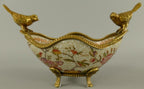 Casa Padrino Jugendstil Porzellan Schüssel Mehrfarbig / Messing 19 x 12 x H. 13 cm - Porzellan Schale mit 2 dekorativen Vögelchen - Barock & Jugendstil Deko Accessoires