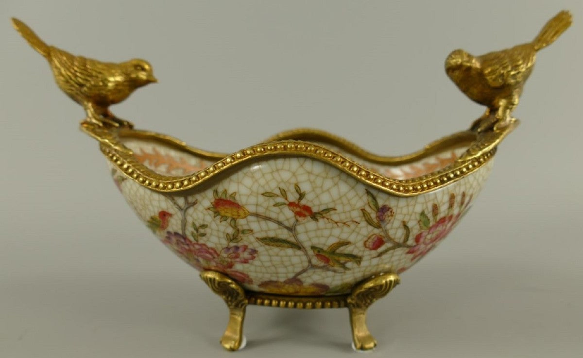 Casa Padrino Jugendstil Porzellan Schüssel Mehrfarbig / Messing 19 x 12 x H. 13 cm - Porzellan Schale mit 2 dekorativen Vögelchen - Barock & Jugendstil Deko Accessoires