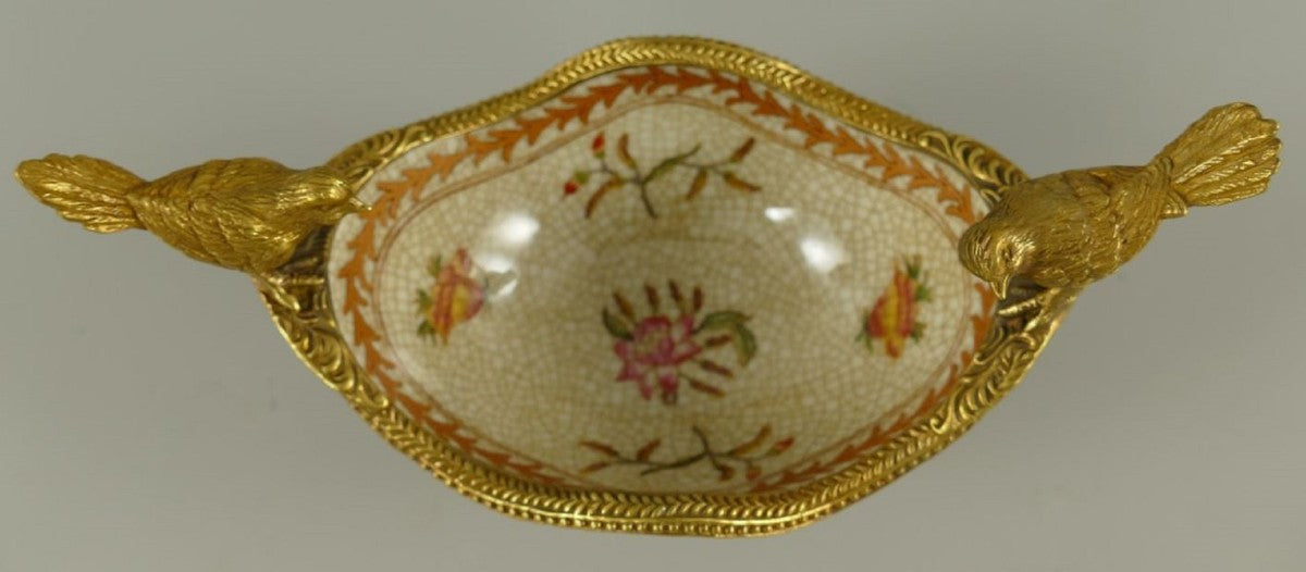Casa Padrino Jugendstil Porzellan Schüssel Mehrfarbig / Messing 19 x 12 x H. 13 cm - Porzellan Schale mit 2 dekorativen Vögelchen - Barock & Jugendstil Deko Accessoires