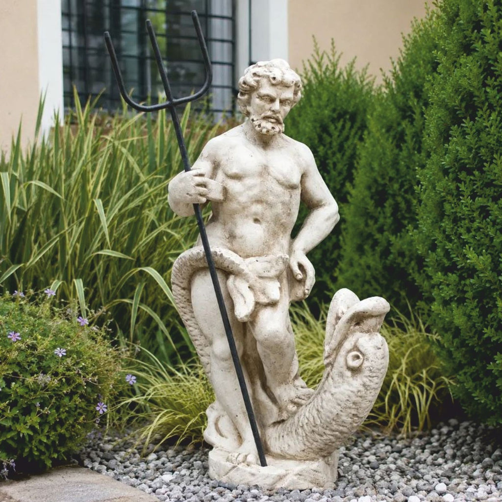 Casa Padrino Jugendstil Skulptur Neptun mit Fisch Weiß / Braun / Schwarz H. 74 cm - Garten & Terrassen Deko Figur - Made in Italy