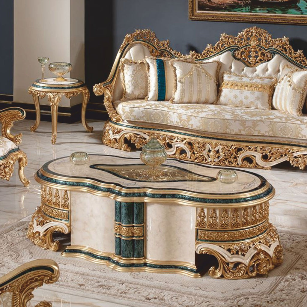 Casa Padrino Luxus Barock Couchtisch Weiß / Beige / Grün / Gold 165 cm - Barock Wohnzimmer Möbel