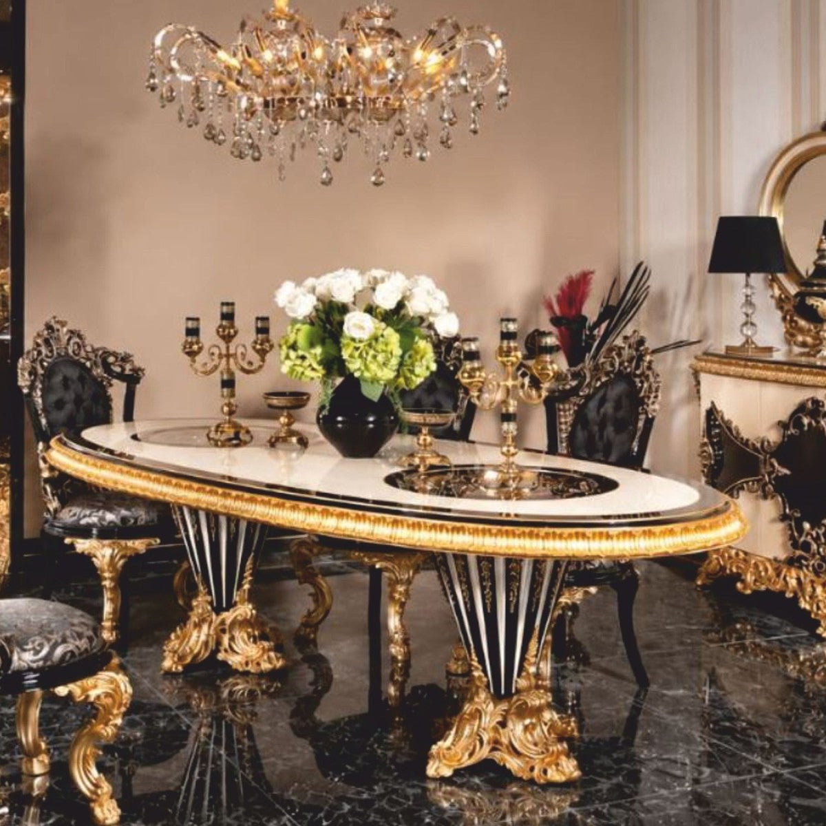 Casa Padrino Luxus Barock Esstisch Weiß / Schwarz / Gold 280 cm - Ovaler Esszimmertisch mit Glasplatten - Barock Esszimmer Möbel