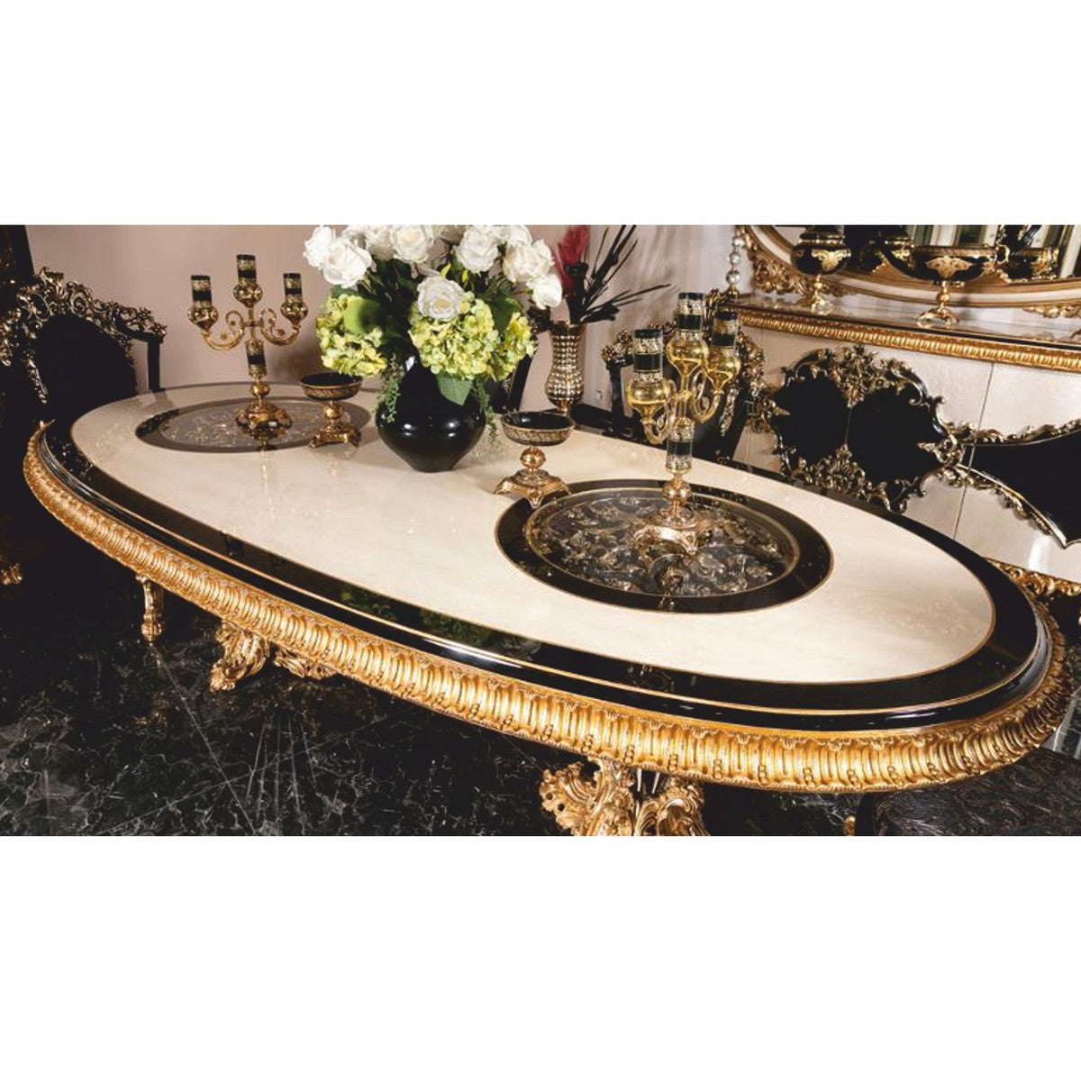 Casa Padrino Luxus Barock Esstisch Weiß / Schwarz / Gold 280 cm - Ovaler Esszimmertisch mit Glasplatten - Barock Esszimmer Möbel
