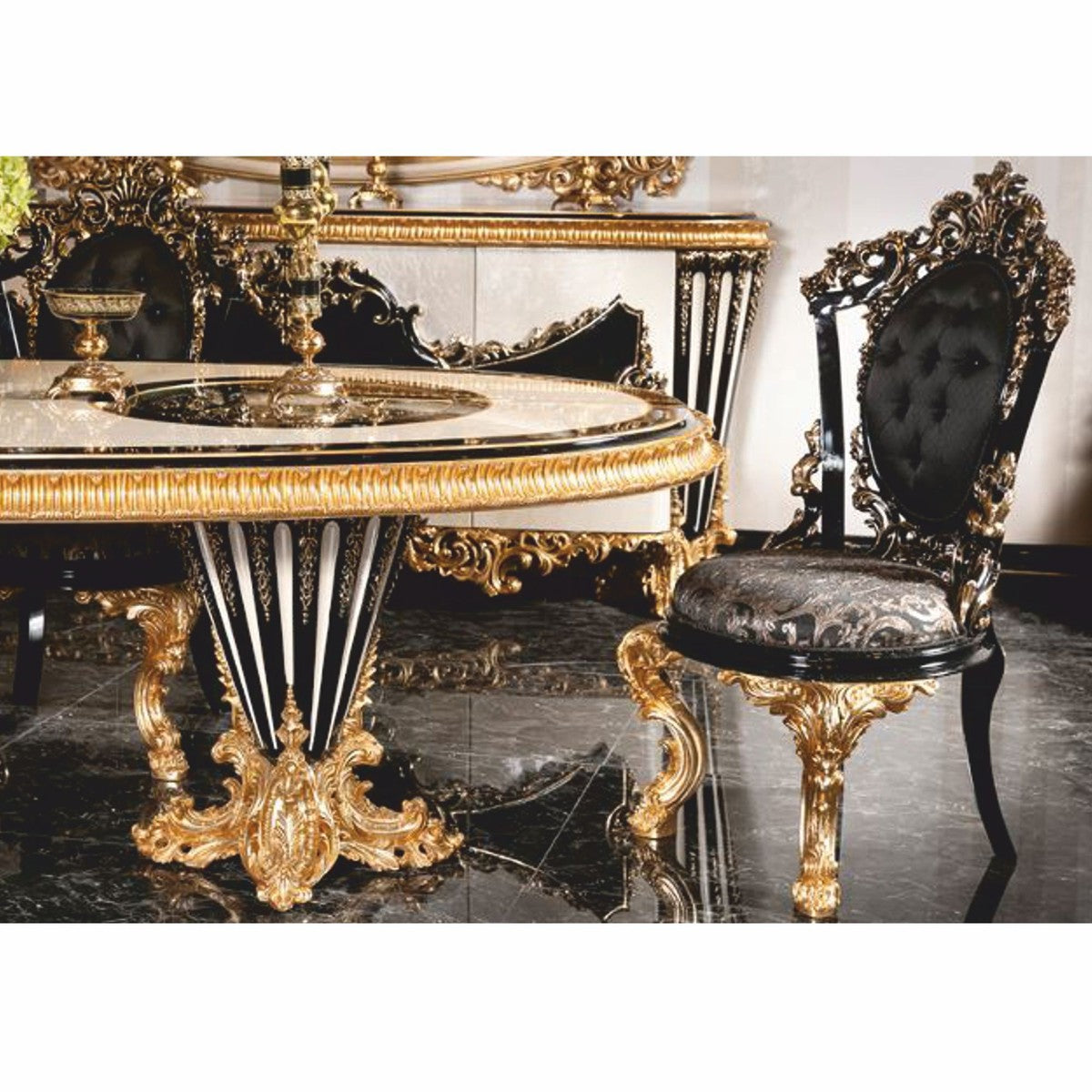 Casa Padrino Luxus Barock Esstisch Weiß / Schwarz / Gold 280 cm - Ovaler Esszimmertisch mit Glasplatten - Barock Esszimmer Möbel