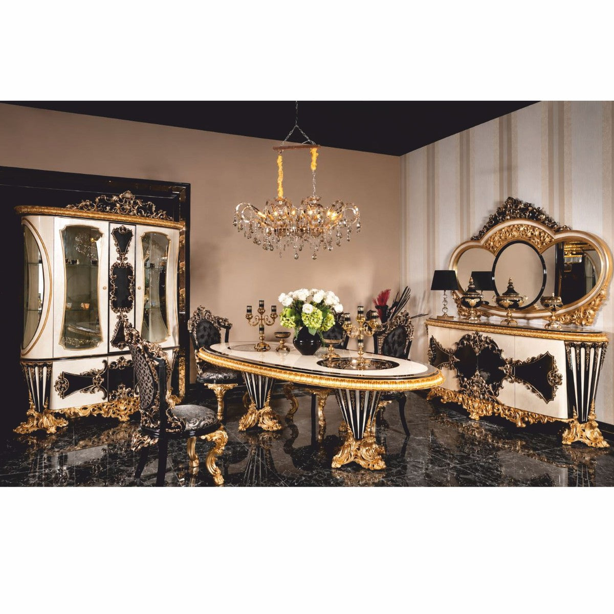 Casa Padrino Luxus Barock Esstisch Weiß / Schwarz / Gold 280 cm - Ovaler Esszimmertisch mit Glasplatten - Barock Esszimmer Möbel