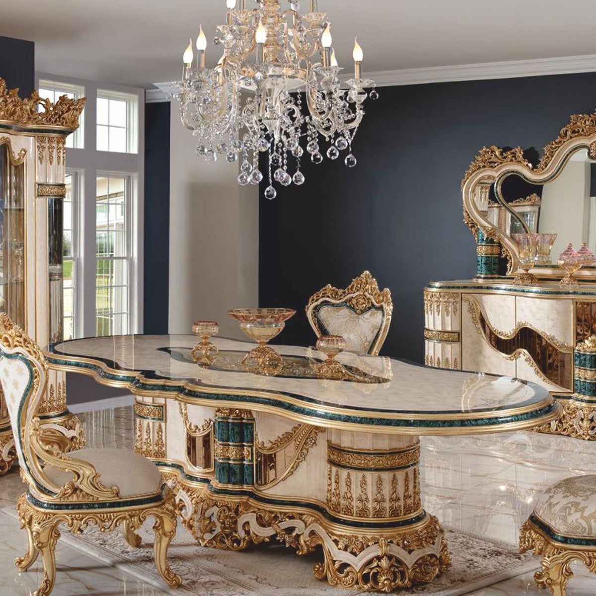 Casa Padrino Luxus Barock Esstisch Weiß / Beige / Grün / Gold 307 cm - Prunkvolle Barock Esszimmer Möbel