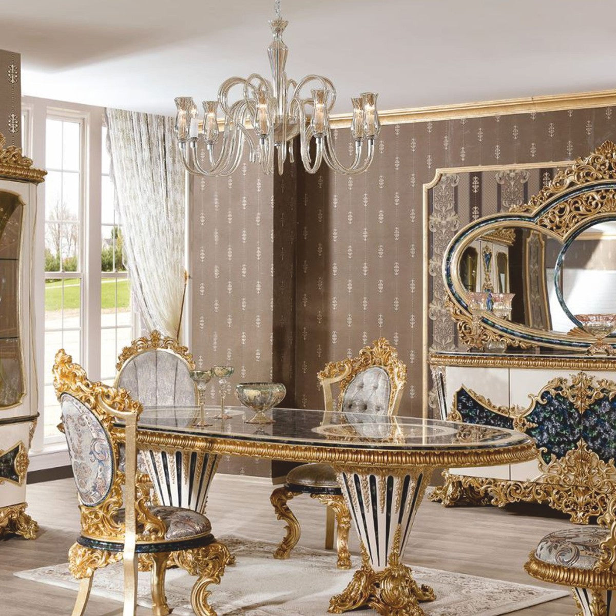 Casa Padrino Luxus Barock Esstisch Weiß / Blau / Gold 280 cm - Ovaler Esszimmertisch mit Glasplatten - Barock Esszimmer Möbel