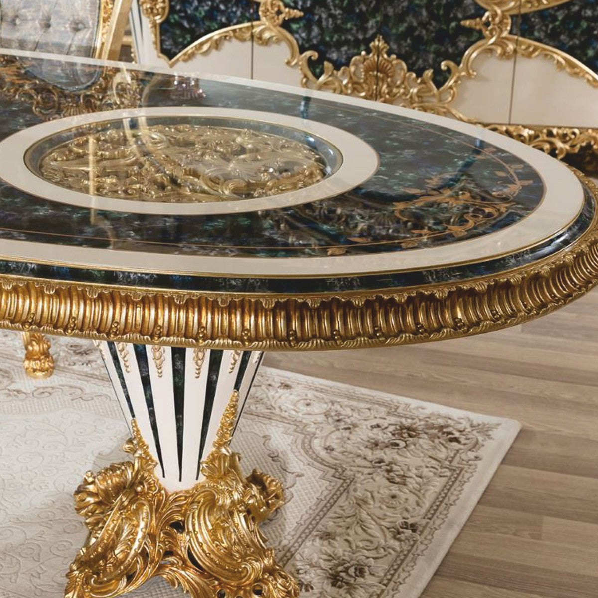 Casa Padrino Luxus Barock Esstisch Weiß / Blau / Gold 280 cm - Ovaler Esszimmertisch mit Glasplatten - Barock Esszimmer Möbel