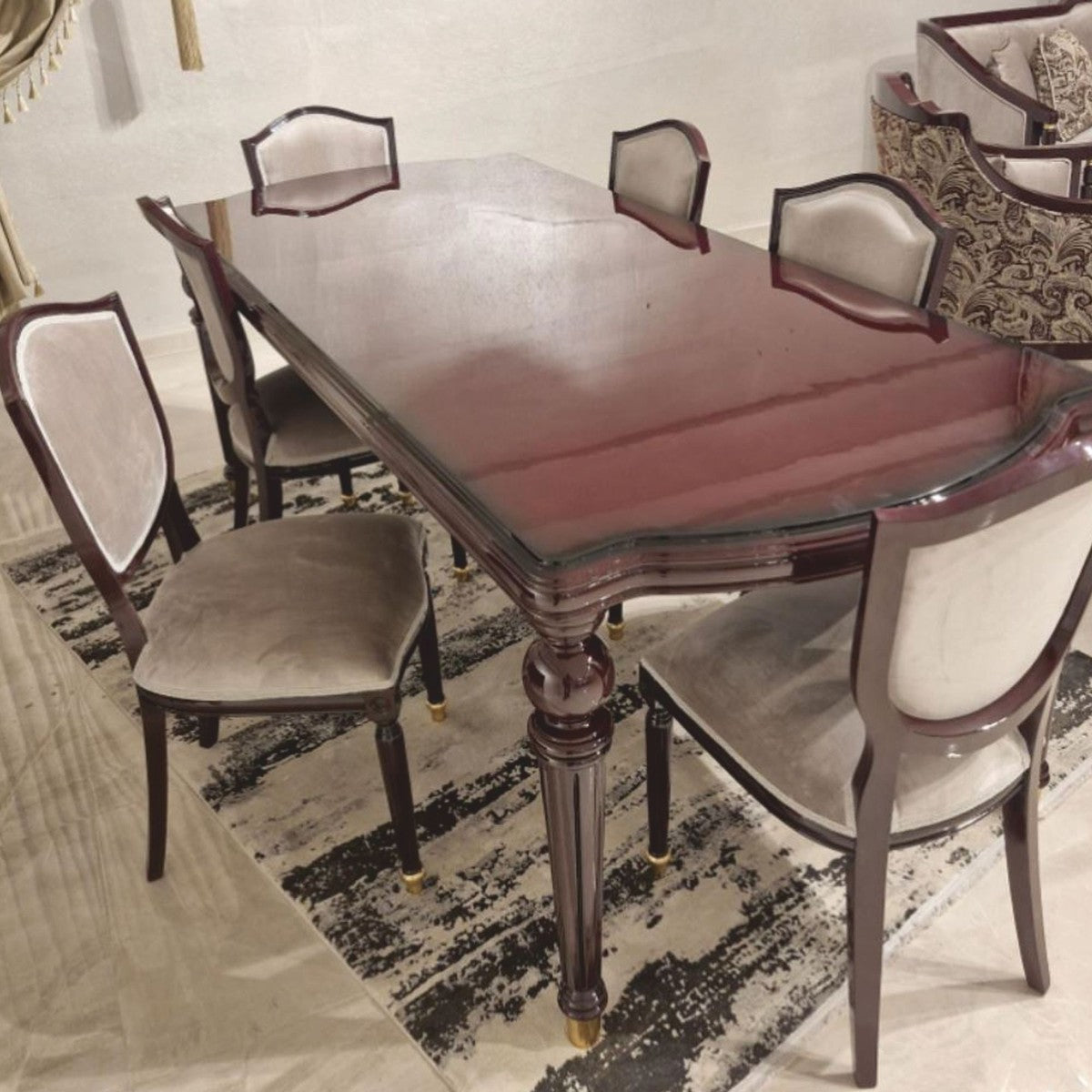 Casa Padrino Luxus Barock Esszimmer Set Grau / Rotbraun / Gold - 1 Barock Esstisch & 6 Barock Esszimmerstühle