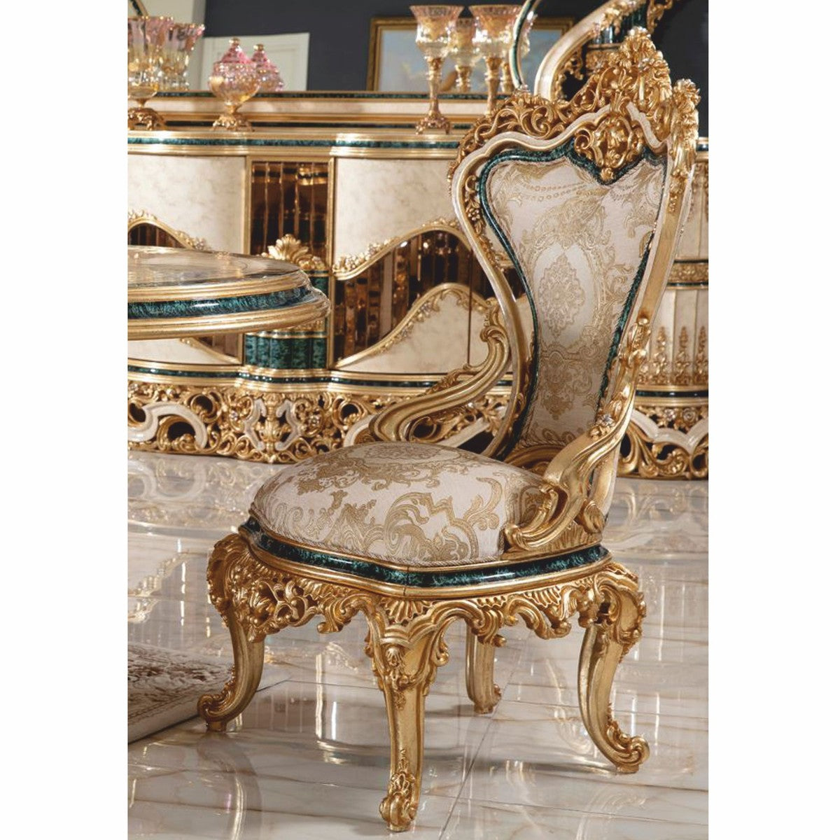 Casa Padrino Luxus Barock Esszimmer Stuhl Weiß / Grün / Gold H. 110 cm - Prunkvolle Barock Esszimmer Möbel