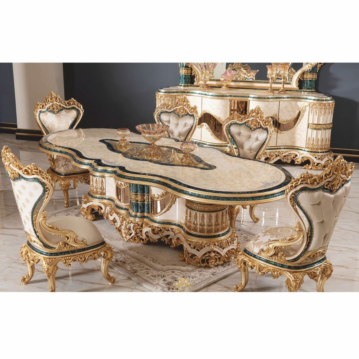 Casa Padrino Luxus Barock Esszimmer Stuhl Weiß / Grün / Gold H. 110 cm - Prunkvolle Barock Esszimmer Möbel