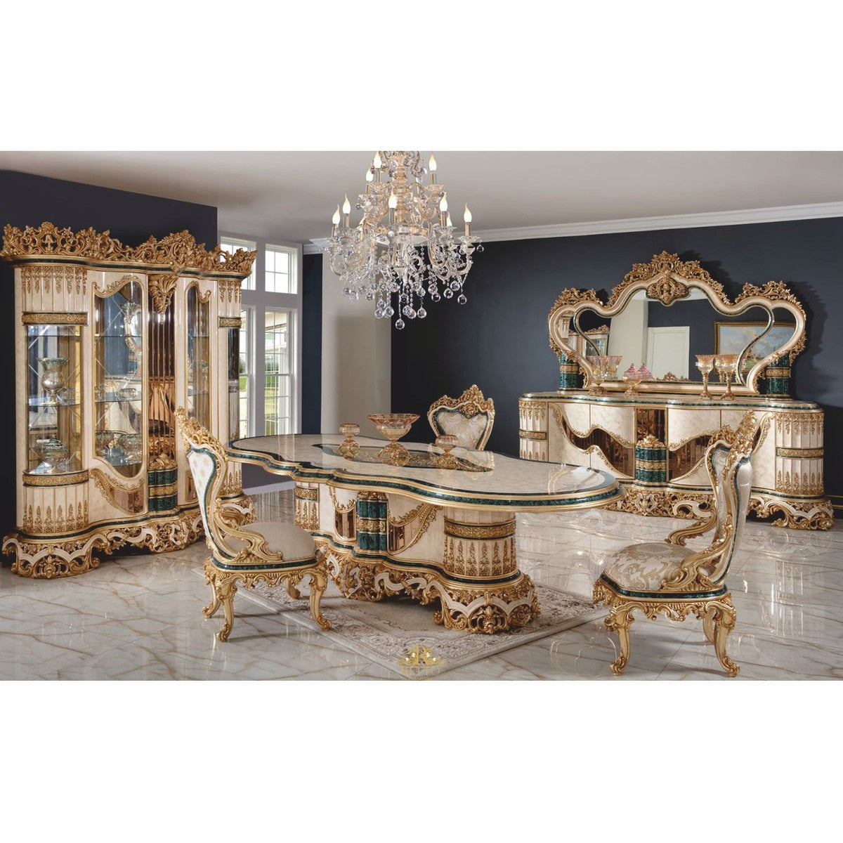 Casa Padrino Luxus Barock Esszimmer Stuhl Weiß / Grün / Gold H. 110 cm - Prunkvolle Barock Esszimmer Möbel