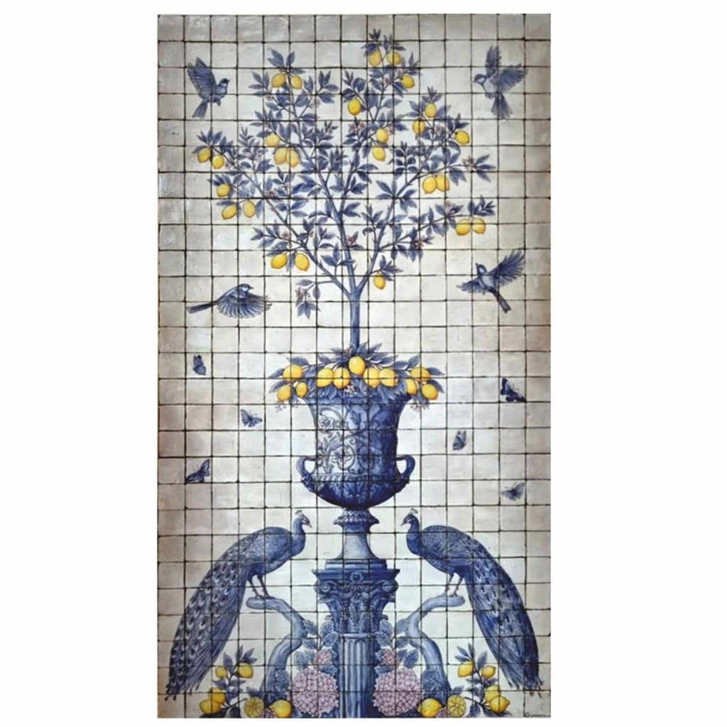 Casa Padrino Luxus Barock Keramik Wandgemälde Creme / Blau / Gelb / Lila H. 280 cm - Mosaik Fliesen Gemälde