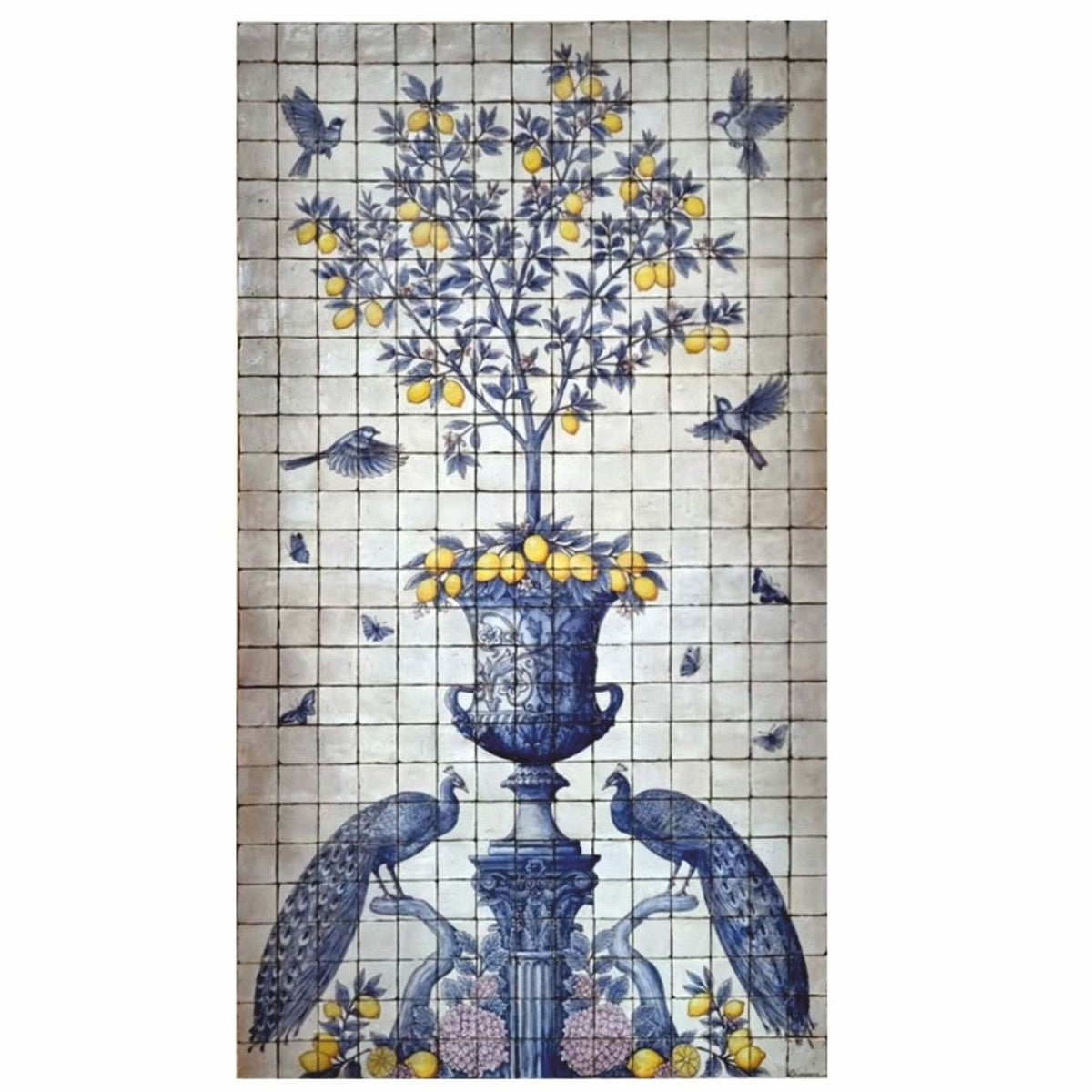 Casa Padrino Luxus Barock Keramik Wandgemälde Creme / Blau / Gelb / Lila H. 280 cm - Mosaik Fliesen Gemälde