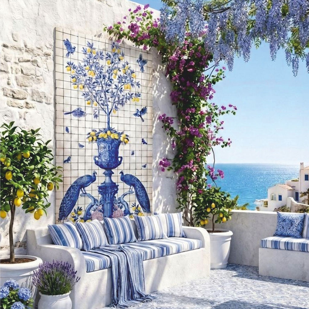 Casa Padrino Luxus Barock Keramik Wandgemälde Creme / Blau / Gelb / Lila H. 280 cm - Mosaik Fliesen Gemälde